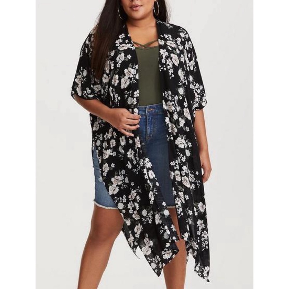Torrid Black Floral Print Gauze Duster Kimono